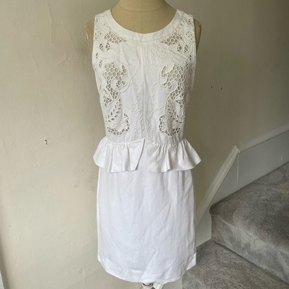 Sandro Paris White Linen Cotton Ruffle Peplum Crochet Accent Sheath Dress EUC 1 - Picture 1 of 10